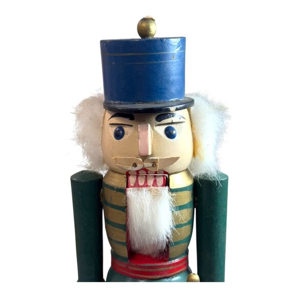 Vintage Wooden Blue Toy Soldier Nutcracker Red Base & Hat Christmas Holiday 14" - Picture 2 of 10